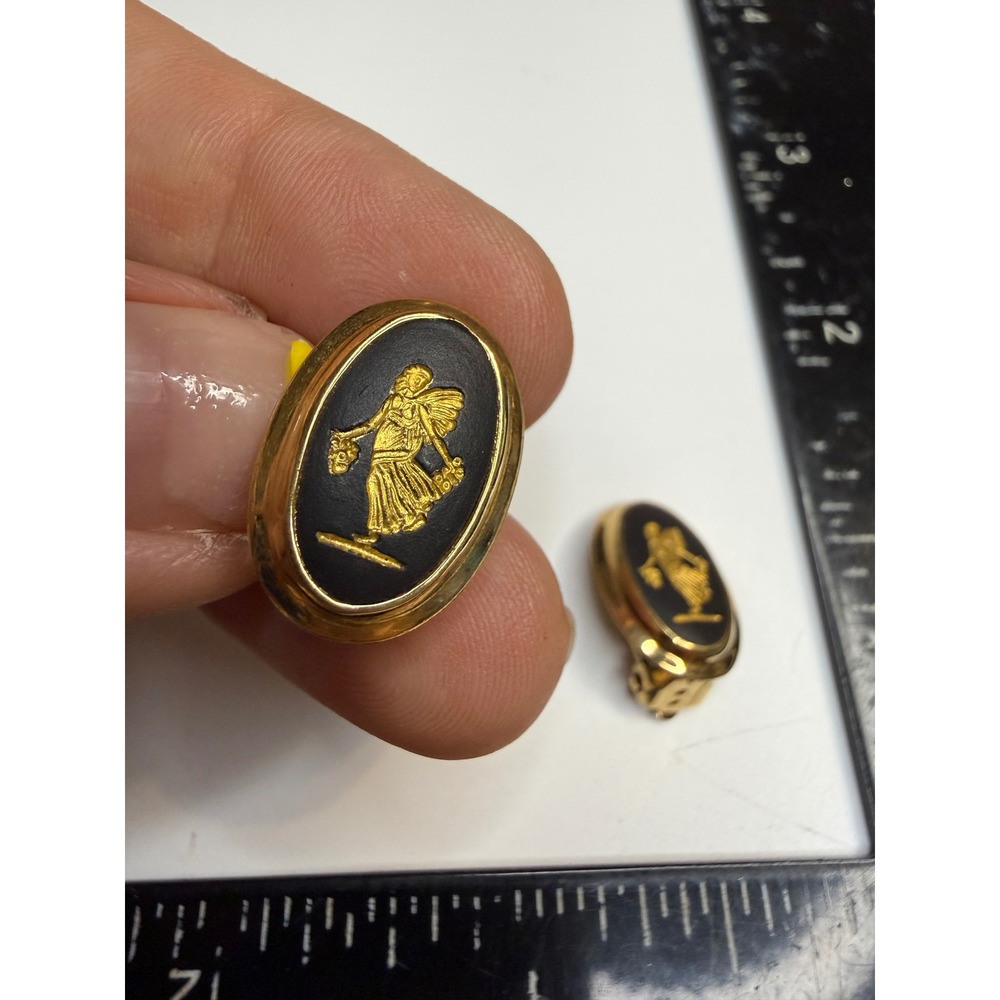 Wedgwood Black Jasperware Gold Tone Oval Clip On Earrings Made in England
